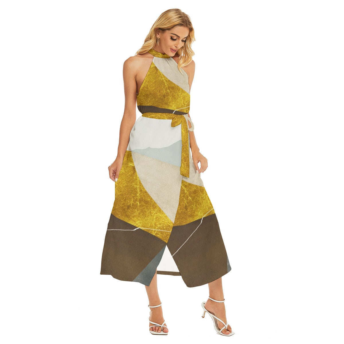 All-Over Print Women's Wrap Hem Belted Halter Dress