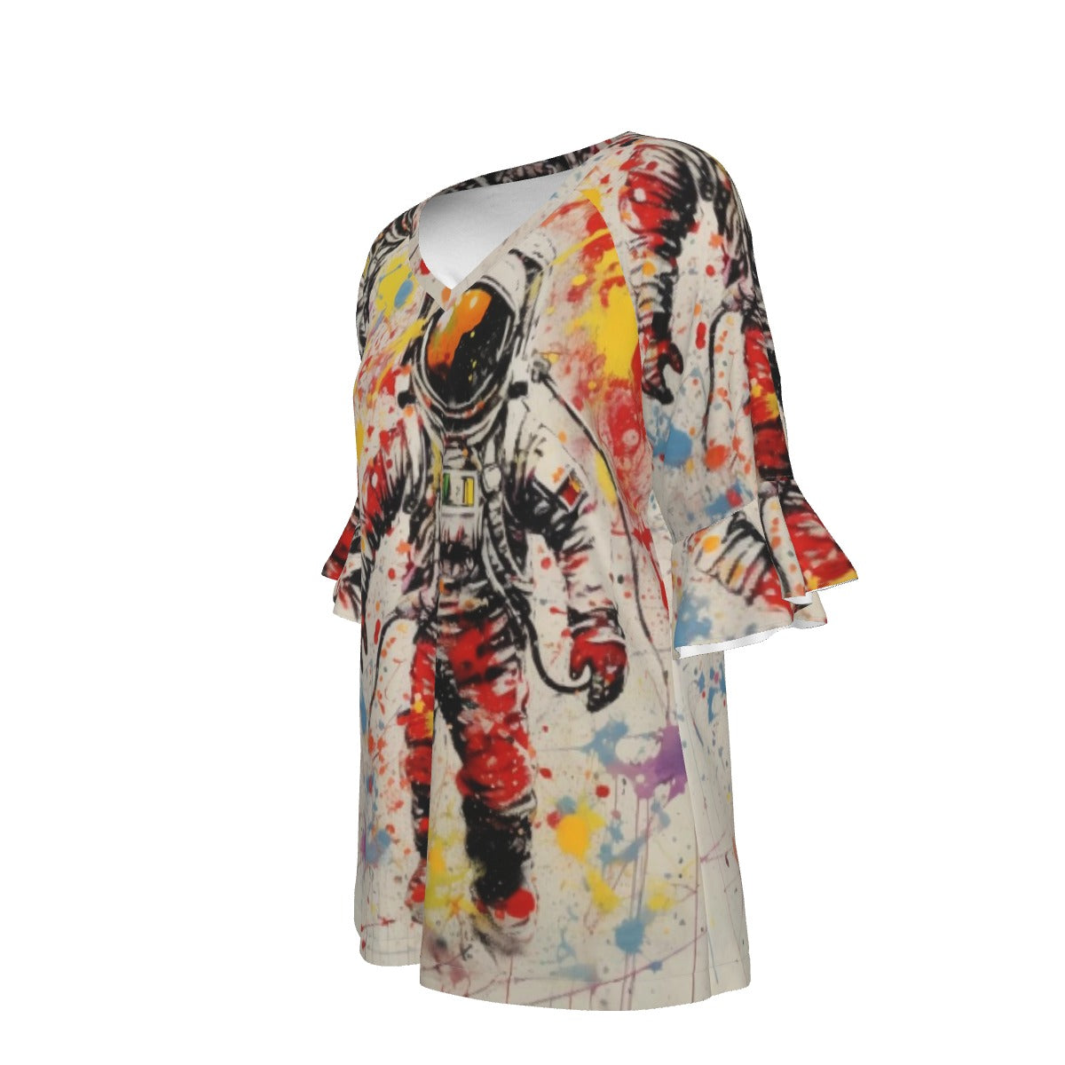 All-Over Print V-neck Women's T-shirt With Bell Sleeve