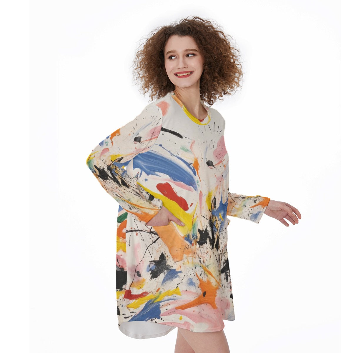 All-Over Print Women's Casual Loose Long Sleeve Dress With Pocket