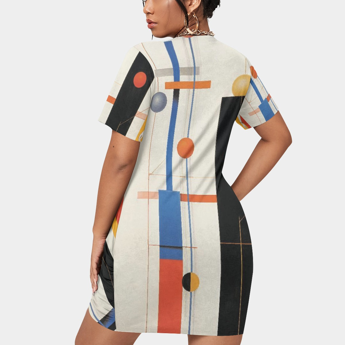 All-Over Print Women’s Stacked Hem Dress With Short Sleeve（Plus Size）