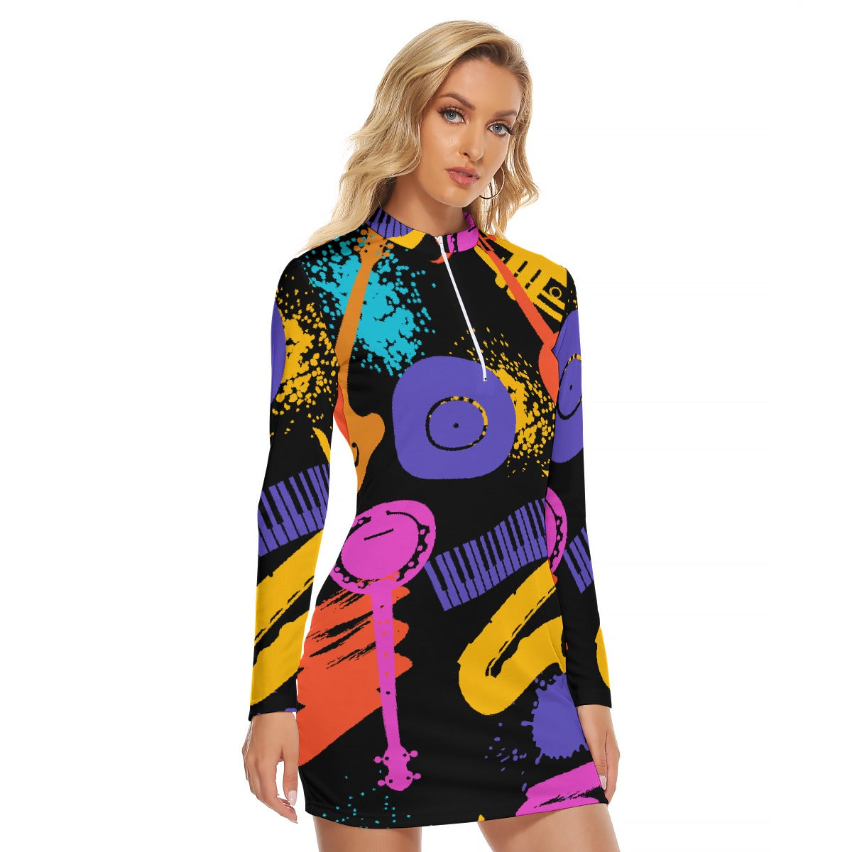 All-Over Print Women's Zip Front Tight Dress