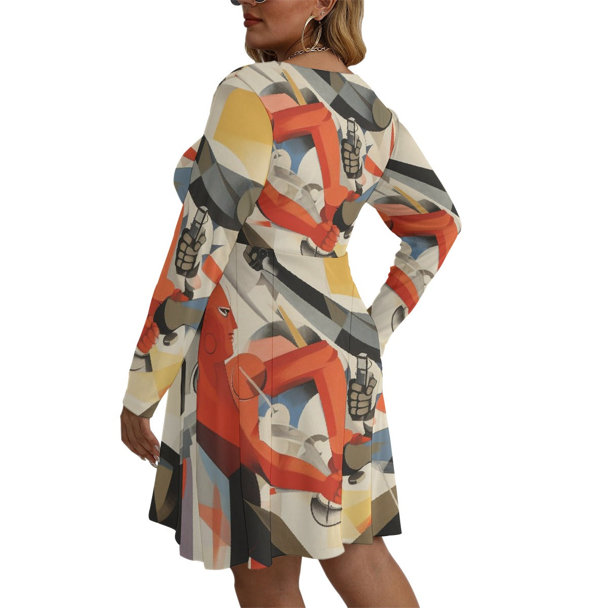 All-Over Print Women's V-neck Long Sleeve Dress(Plus Size)