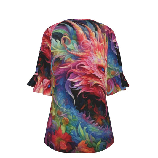 All-Over Print V-neck Women's T-shirt With Bell Sleeve