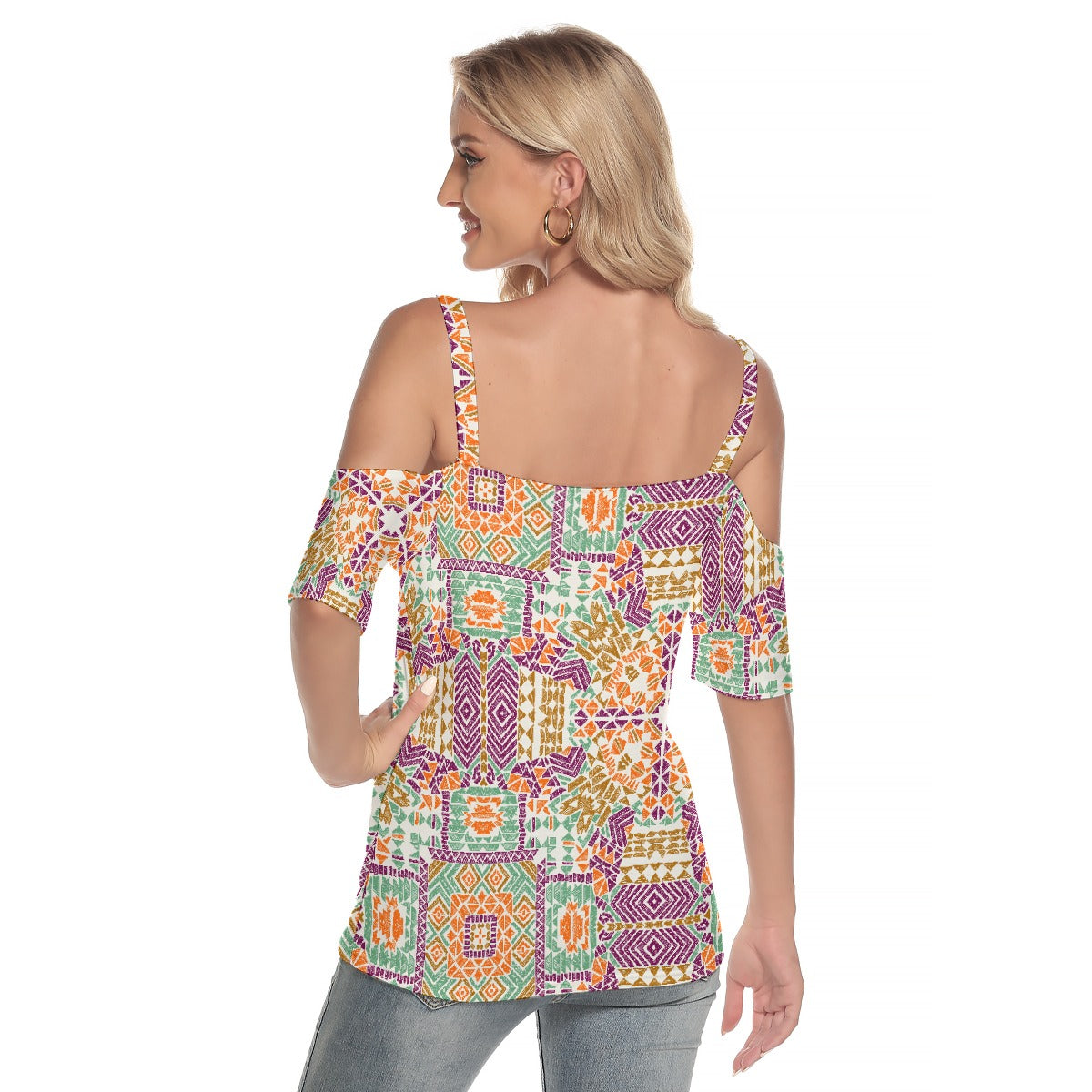 All-Over Print Women's Cold Shoulder T-shirt With Criss Cross Strips