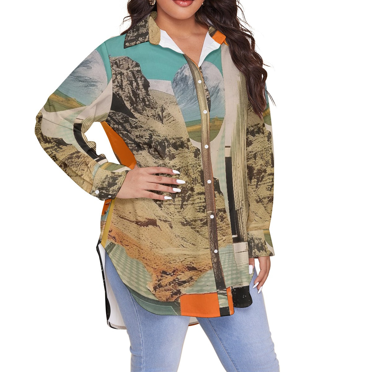 All-Over Print Women's Shirt With Long Sleeve(Plus Size)