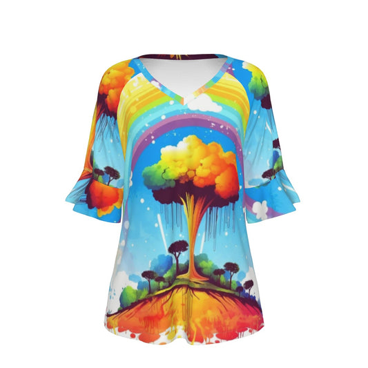 All-Over Print V-neck Women's T-shirt With Bell Sleeve