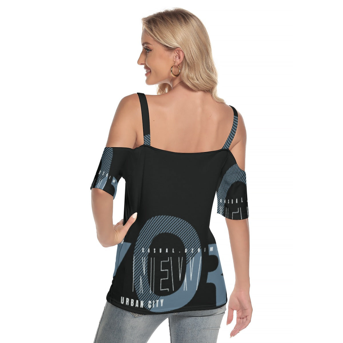 All-Over Print Women's Cold Shoulder T-shirt With Criss Cross Strips