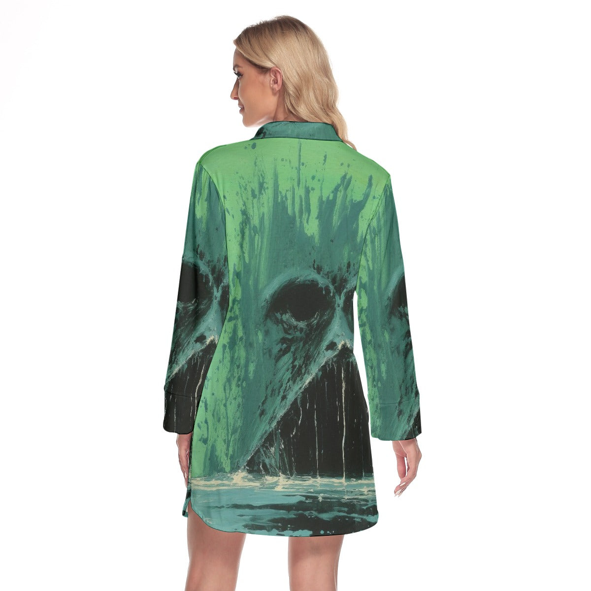 All-Over Print Women's Lapel Shirt Dress With Long Sleeve