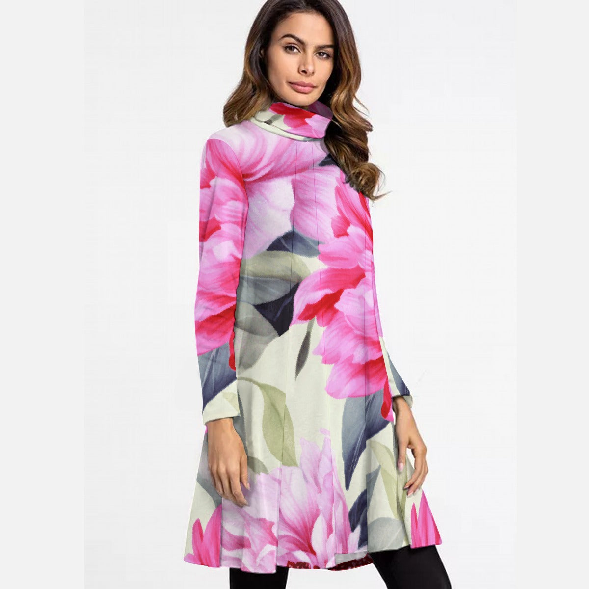 All-Over Print Women's High Neck Dress With Long Sleeve