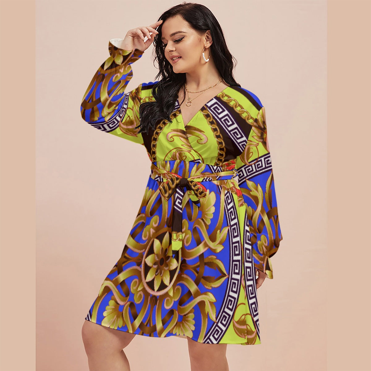 All-Over Print Women's V-neck Dress With Waistband(Plus Size)