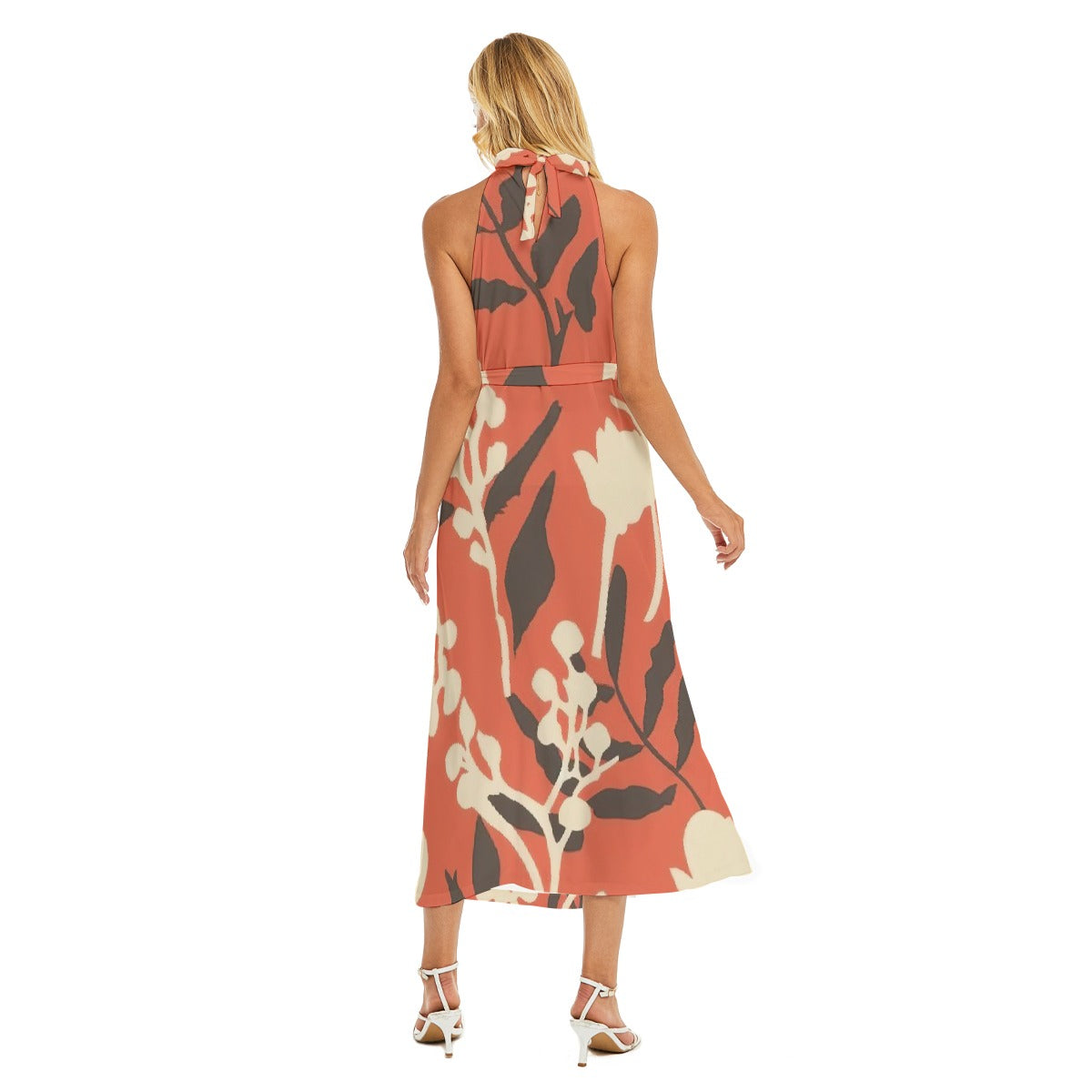 All-Over Print Women's Wrap Hem Belted Halter Dress