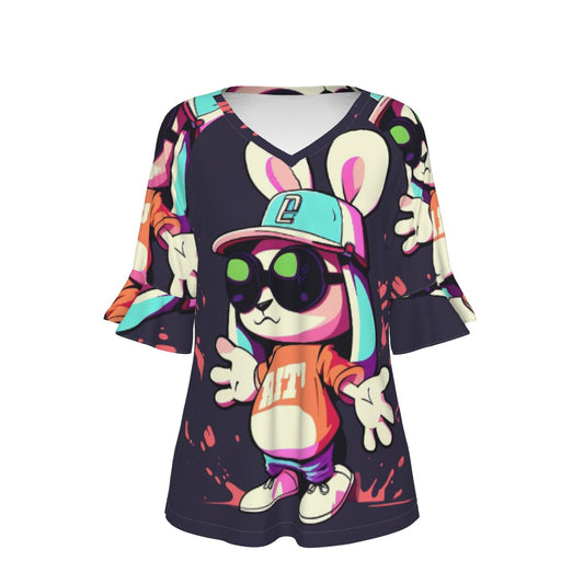 All-Over Print V-neck Women's T-shirt With Bell Sleeve