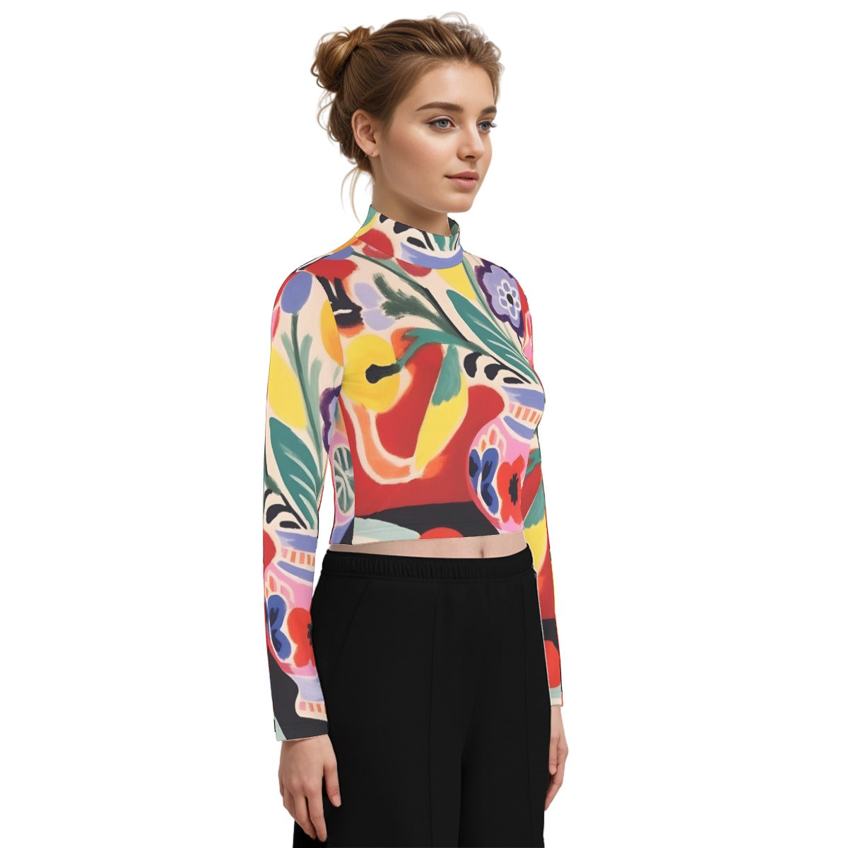 Eco-Friendly All-Over Print Women's Turtleneck T-shirt With Long Sleeve