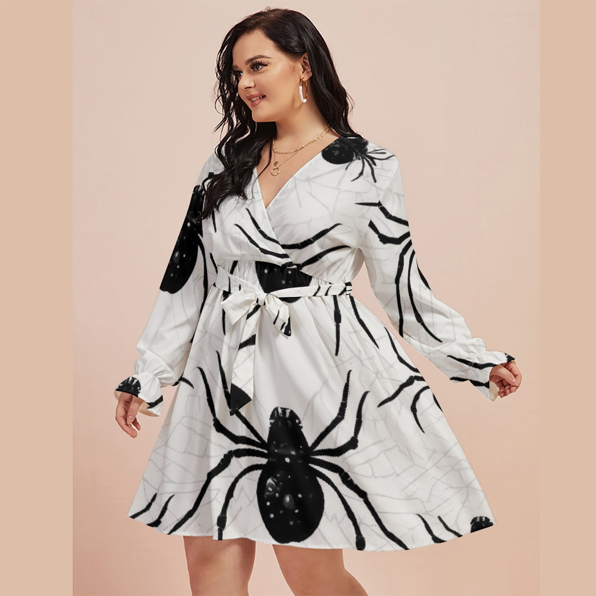 All-Over Print Women's V-neck Dress With Waistband(Plus Size)