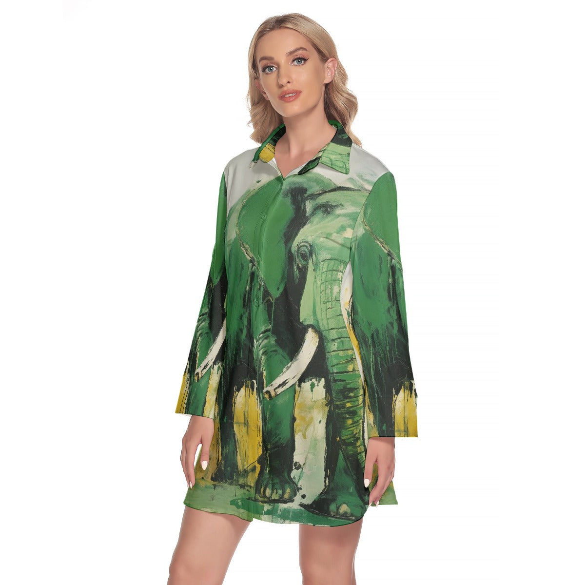 All-Over Print Women's Lapel Shirt Dress With Long Sleeve