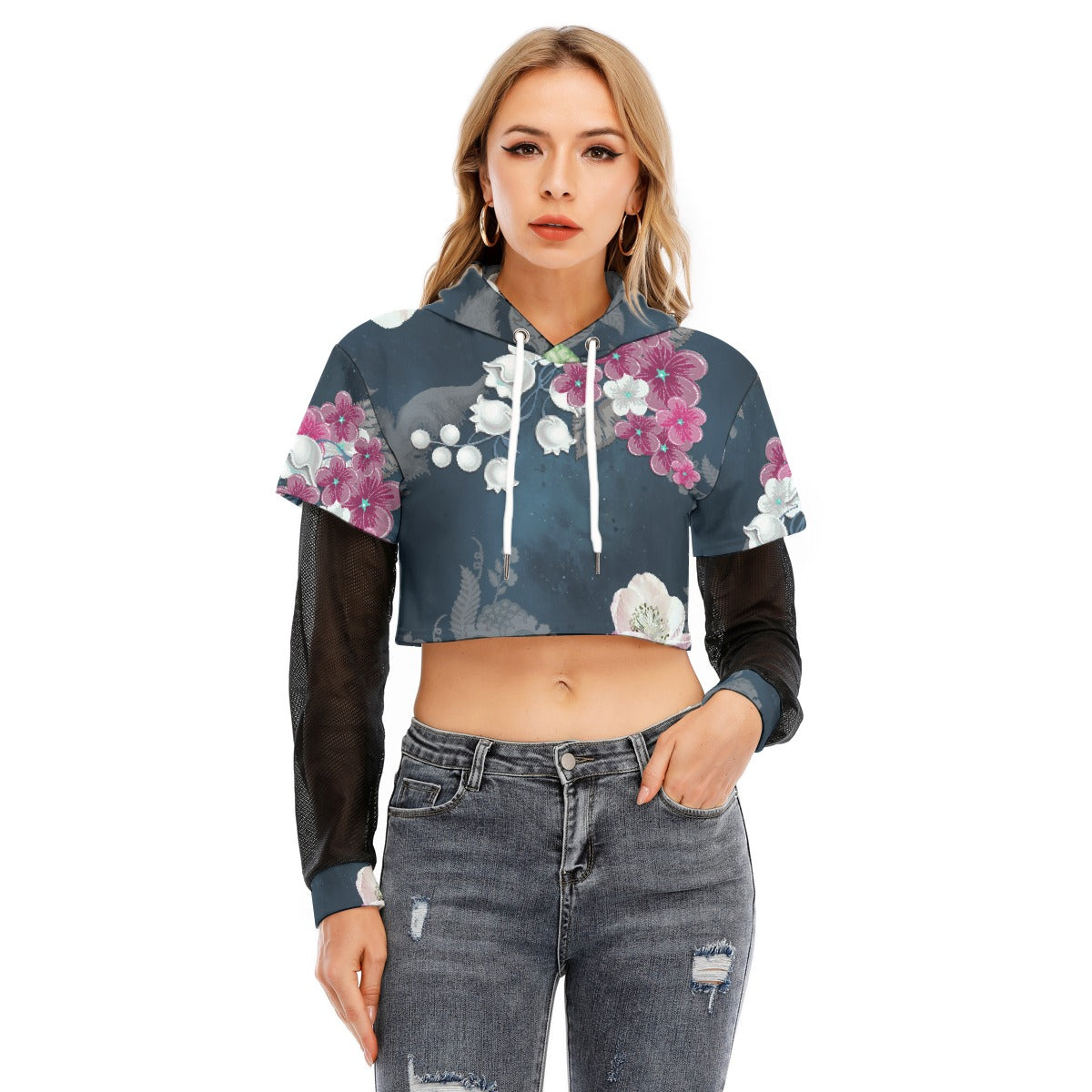 All-Over Print Women's Fake Two-piece Mesh Sleeve Cropped Hoodie