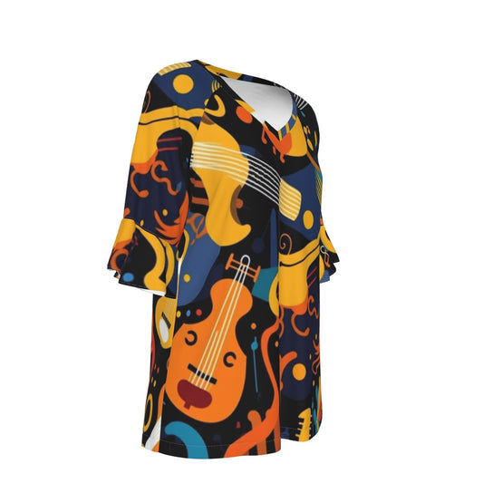 All-Over Print V-neck Women's T-shirt With Bell Sleeve