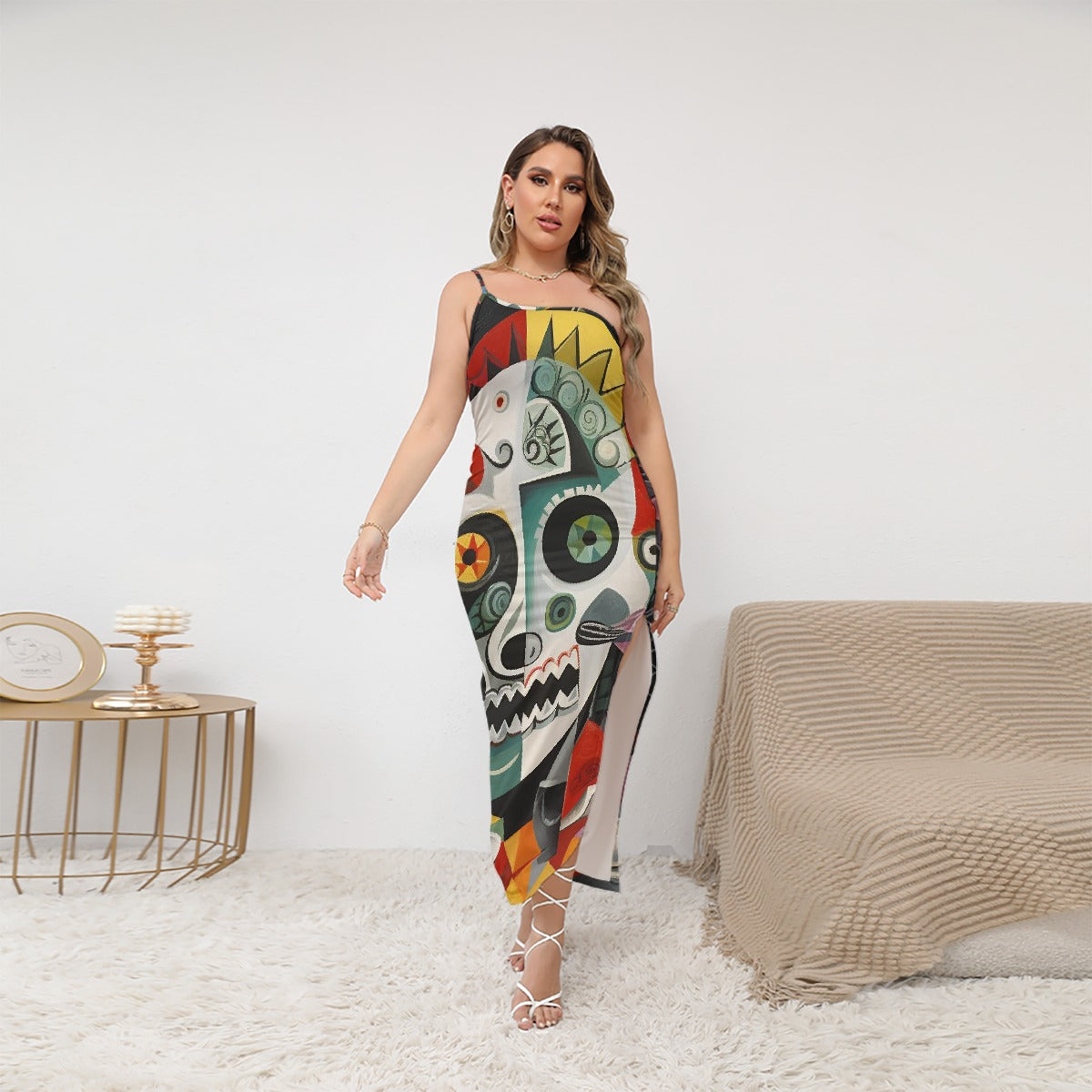 All-Over Print Women's Oblique-Shoulder Exposure Dress With Side Split (Plus Size)