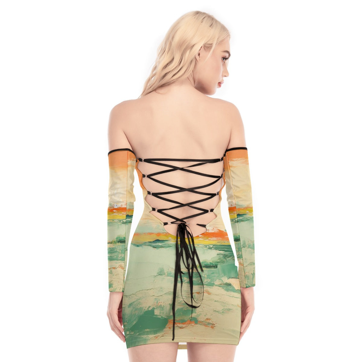 All-Over Print Women's Off-shoulder Back Lace-up Dress