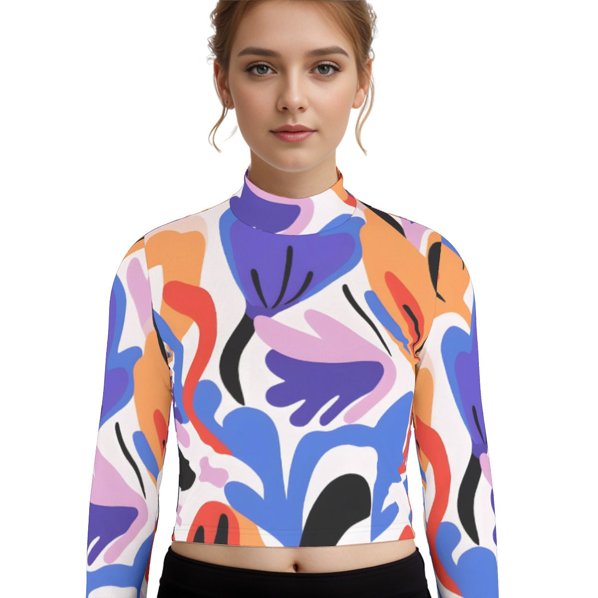 Eco-Friendly All-Over Print Women's Turtleneck T-shirt With Long Sleeve