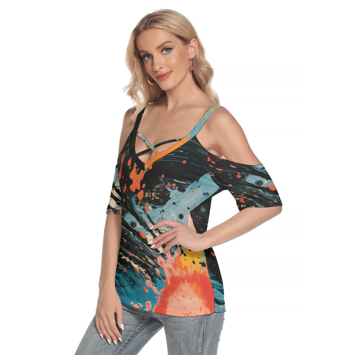 All-Over Print Women's Cold Shoulder T-shirt With Criss Cross Strips