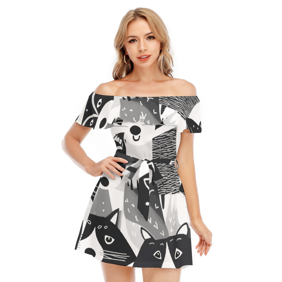 All-Over Print Women's Off-shoulder Dress With Ruffle