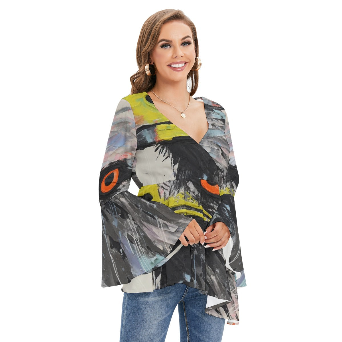 All-Over Print Women's V-neck Blouse With Flared Sleeves