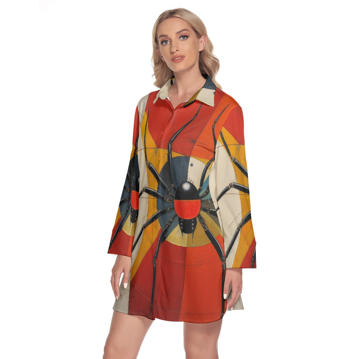 All-Over Print Women's Lapel Shirt Dress With Long Sleeve