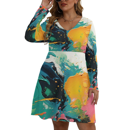 All-Over Print Women's V-neck Long Sleeve Dress(Plus Size)