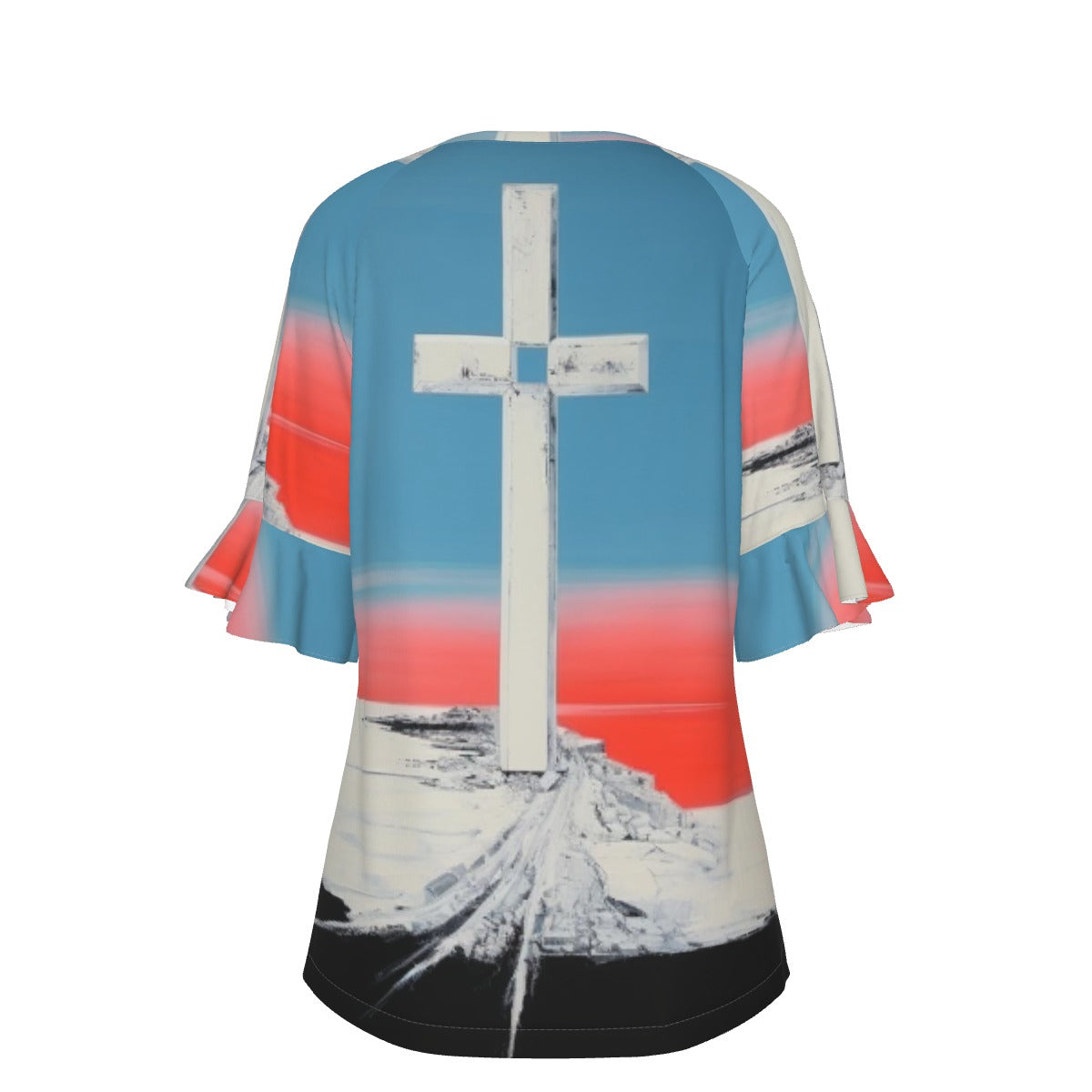 All-Over Print V-neck Women's T-shirt With Bell Sleeve