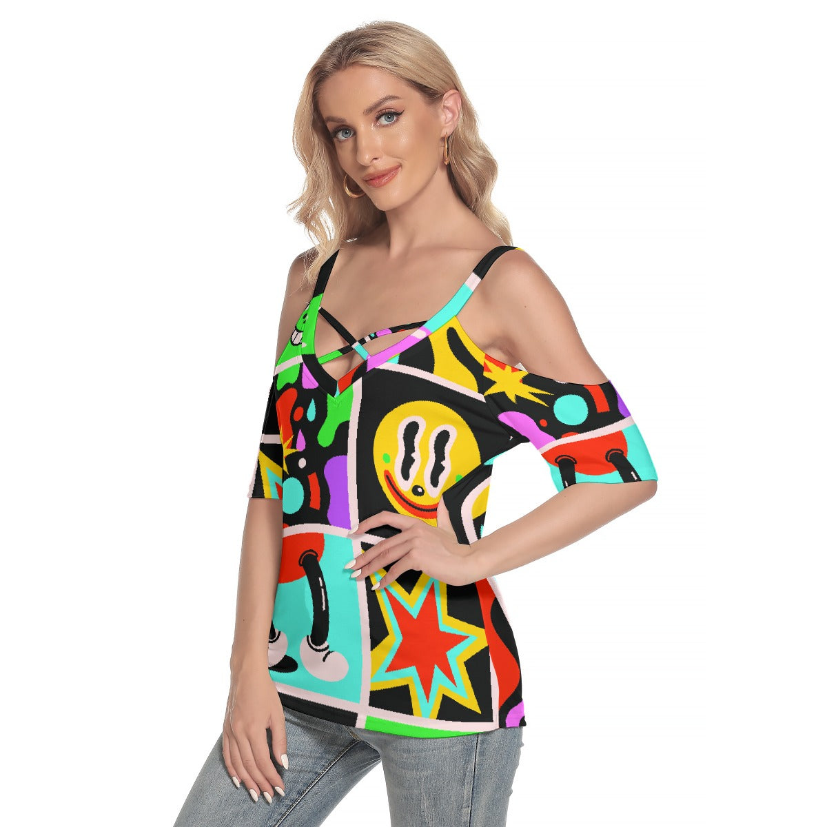 All-Over Print Women's Cold Shoulder T-shirt With Criss Cross Strips