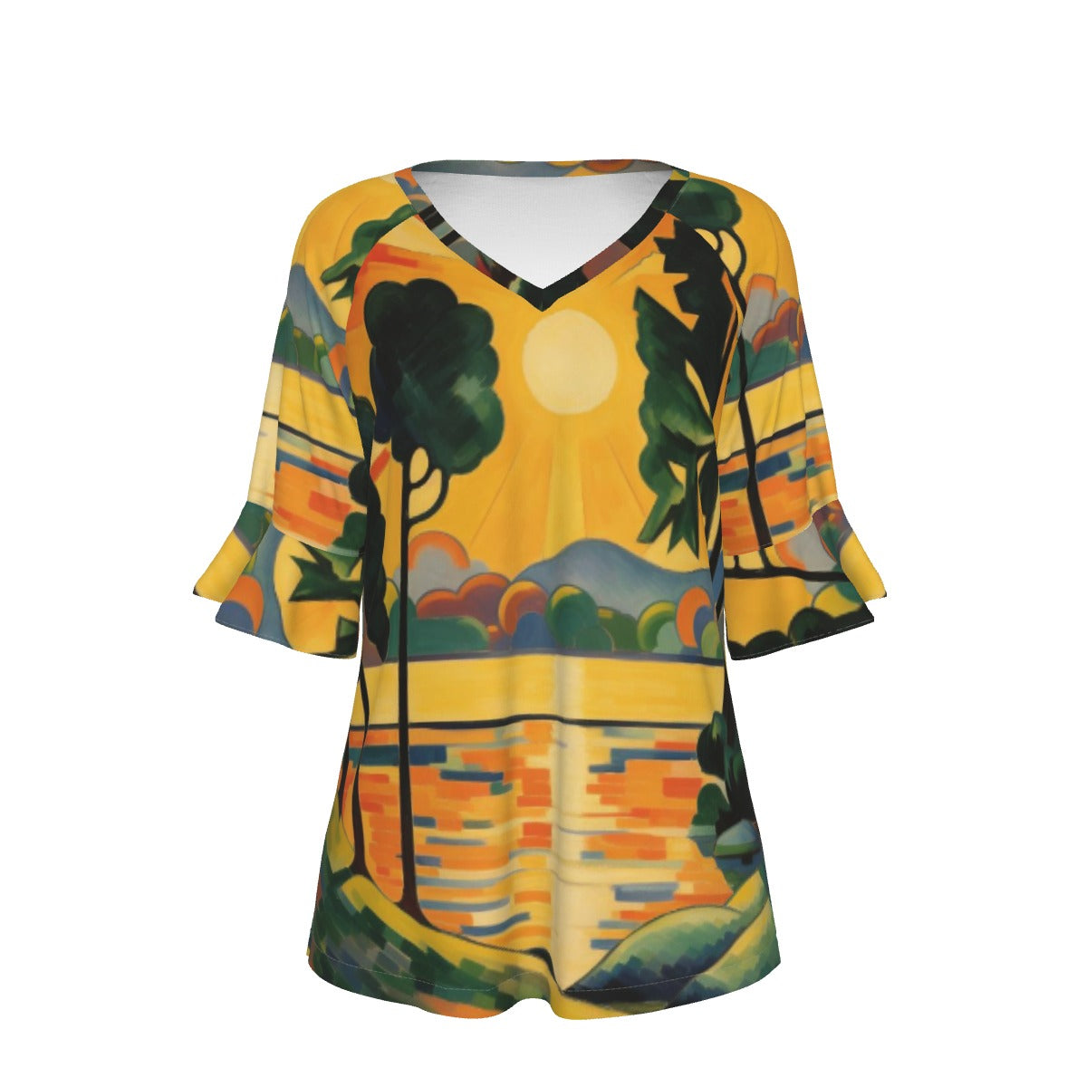 All-Over Print V-neck Women's T-shirt With Bell Sleeve