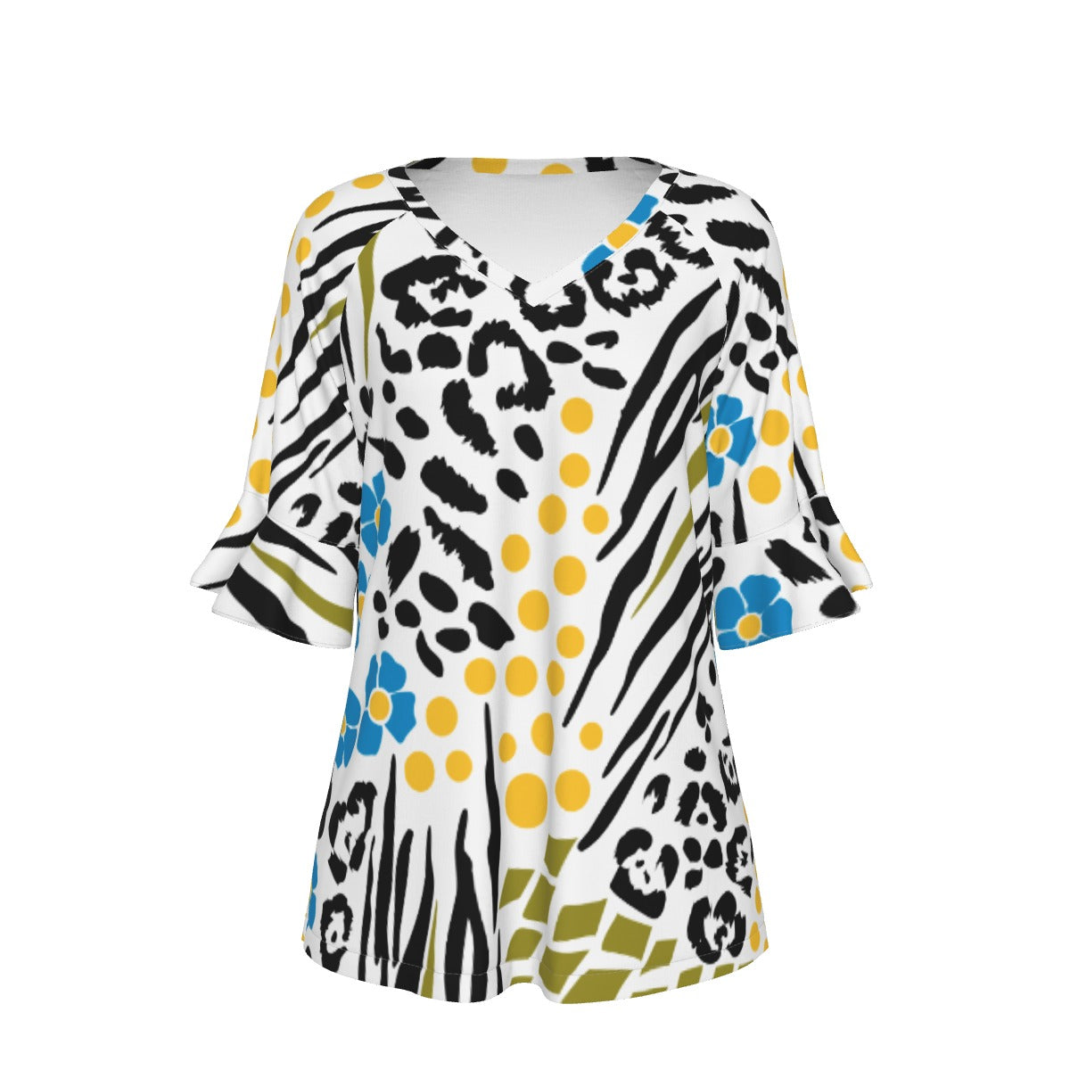 All-Over Print V-neck Women's T-shirt With Bell Sleeve