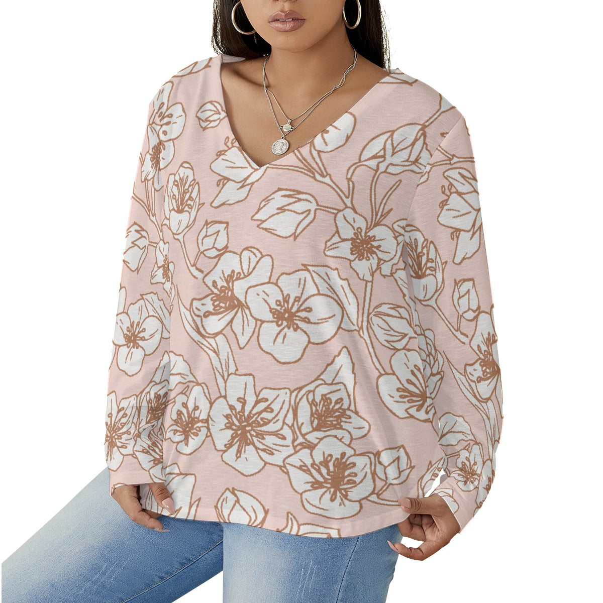 All-Over Print Women's V-neck T-shirt With Curved Hem(Plus Size)