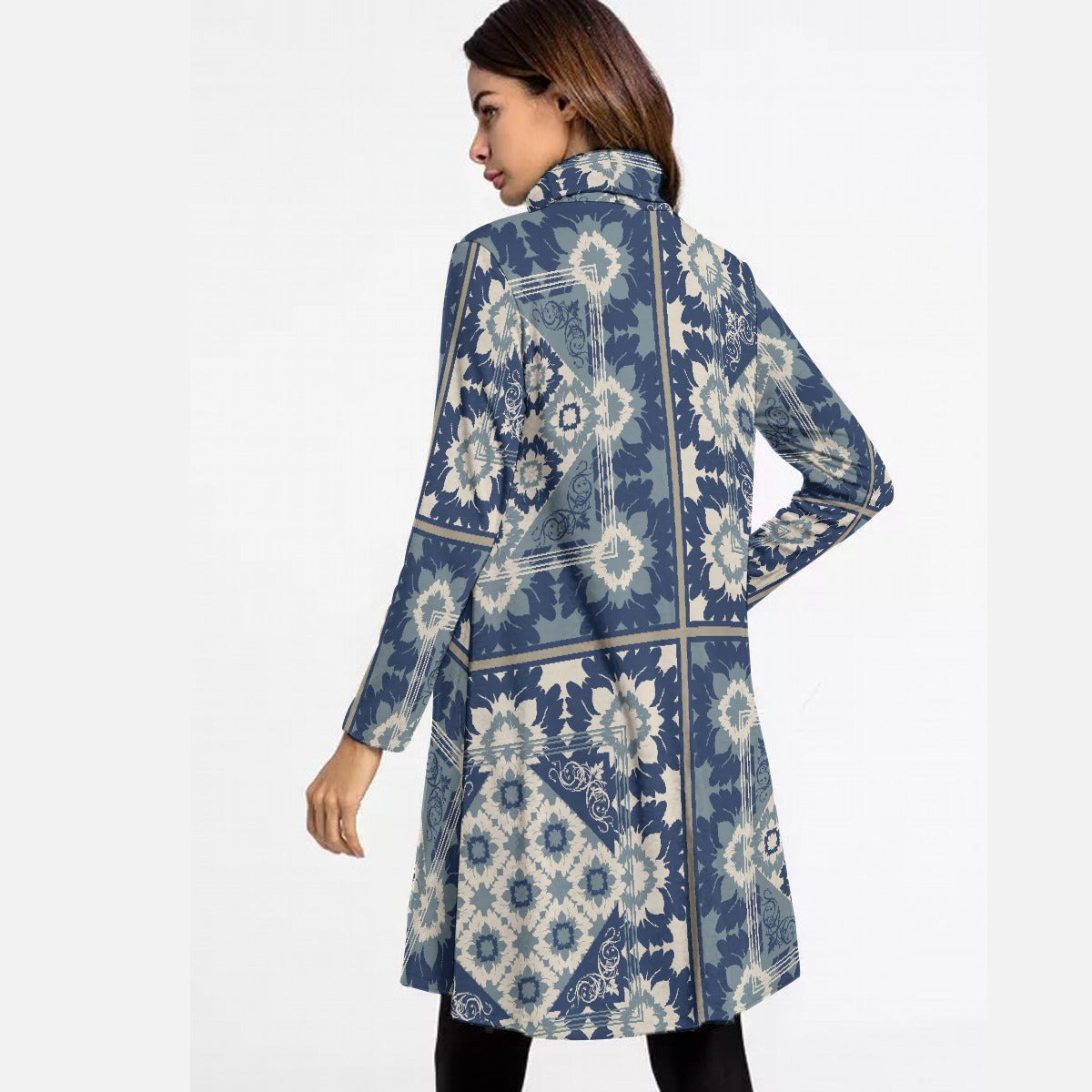 All-Over Print Women's High Neck Dress With Long Sleeve