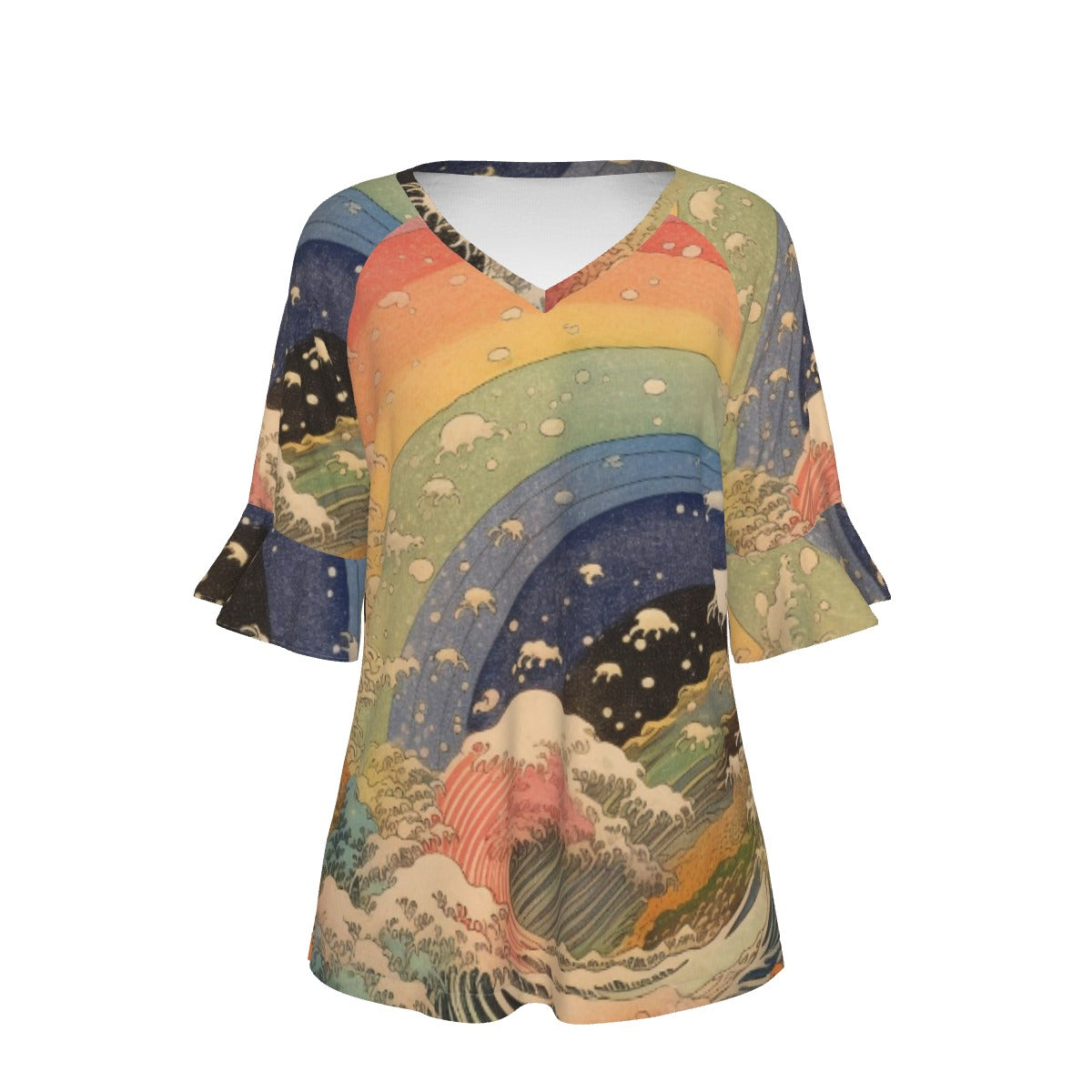 All-Over Print V-neck Women's T-shirt With Bell Sleeve