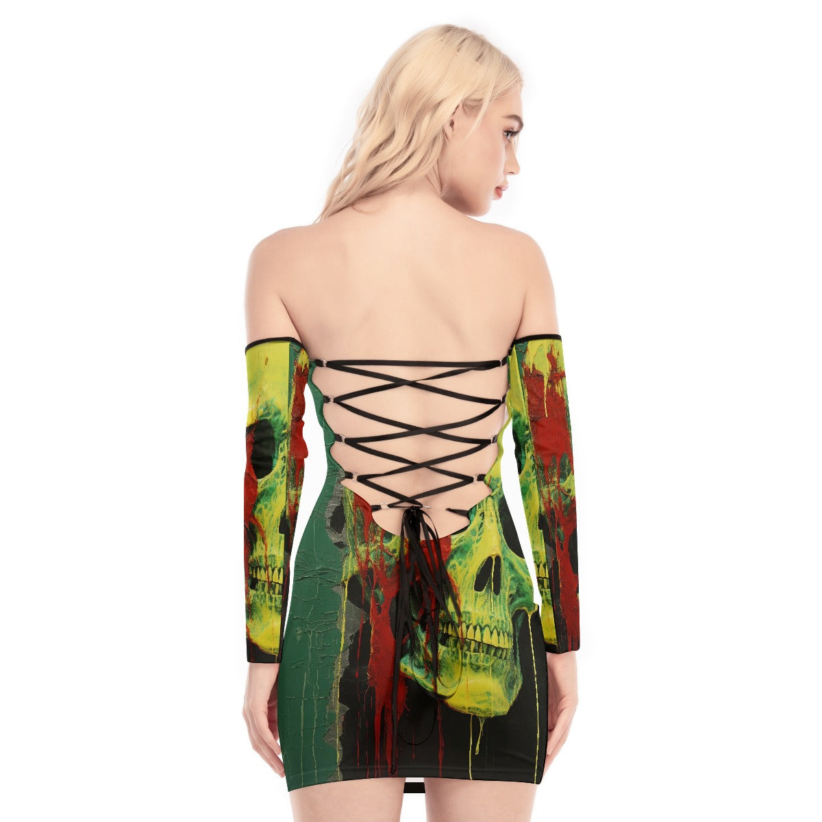 All-Over Print Women's Off-shoulder Back Lace-up Dress