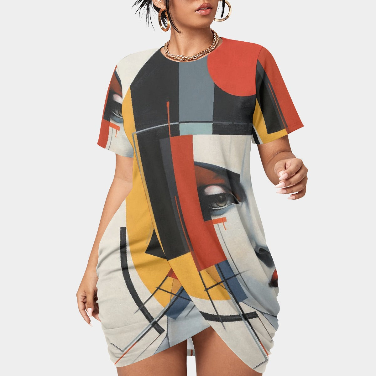 All-Over Print Women’s Stacked Hem Dress With Short Sleeve（Plus Size）