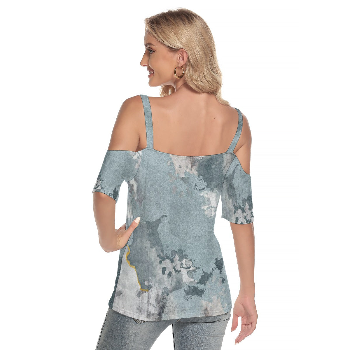 All-Over Print Women's Cold Shoulder T-shirt With Criss Cross Strips