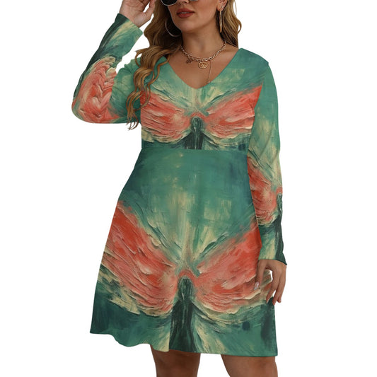 All-Over Print Women's V-neck Long Sleeve Dress(Plus Size)