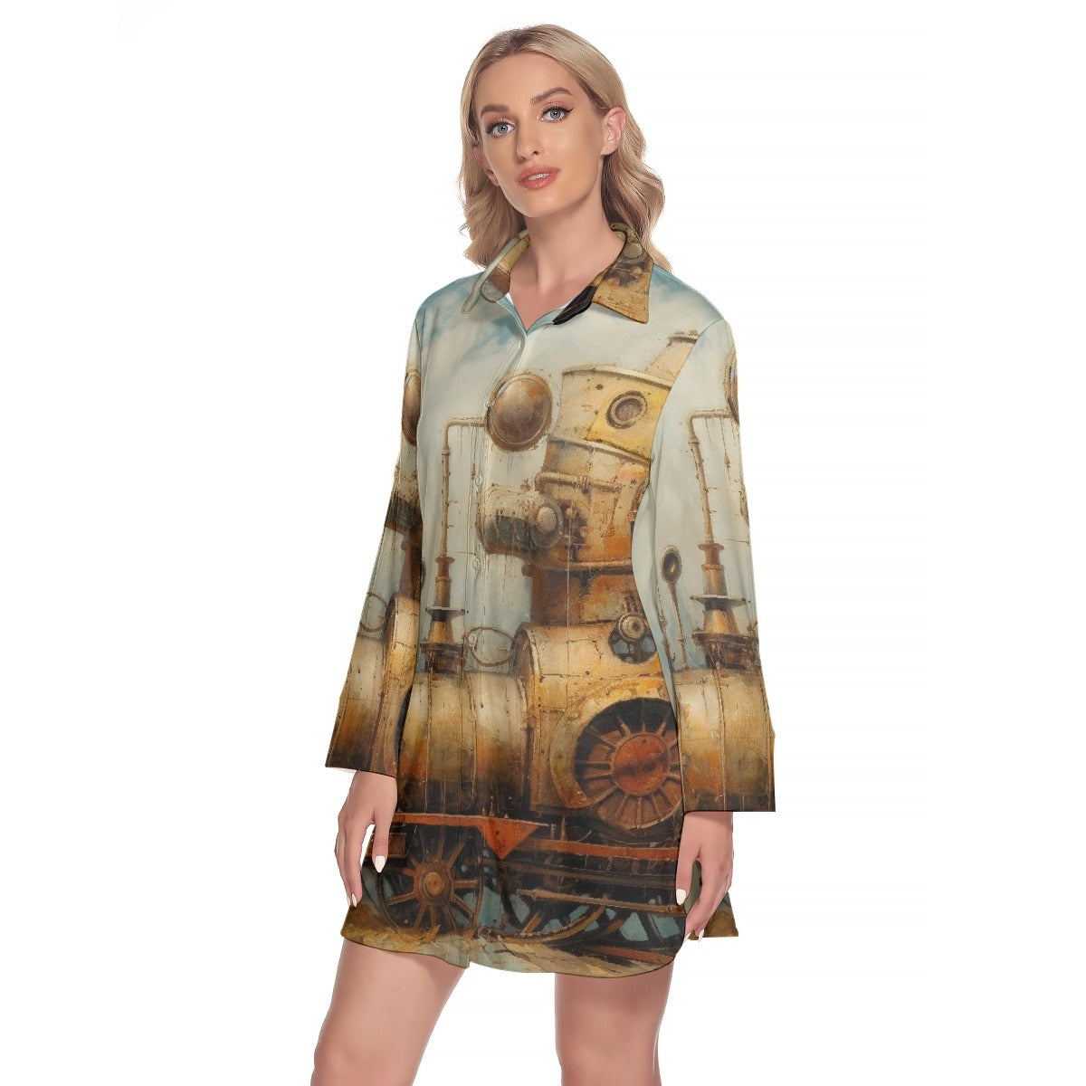 All-Over Print Women's Lapel Shirt Dress With Long Sleeve