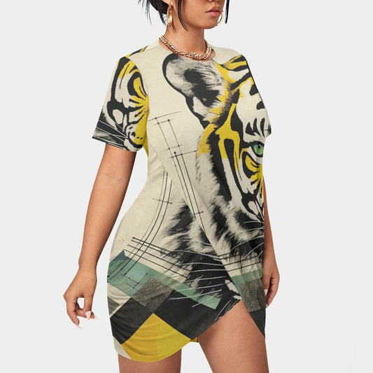 All-Over Print Women’s Stacked Hem Dress With Short Sleeve（Plus Size）