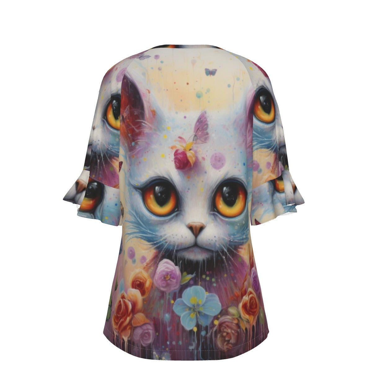 All-Over Print V-neck Women's T-shirt With Bell Sleeve