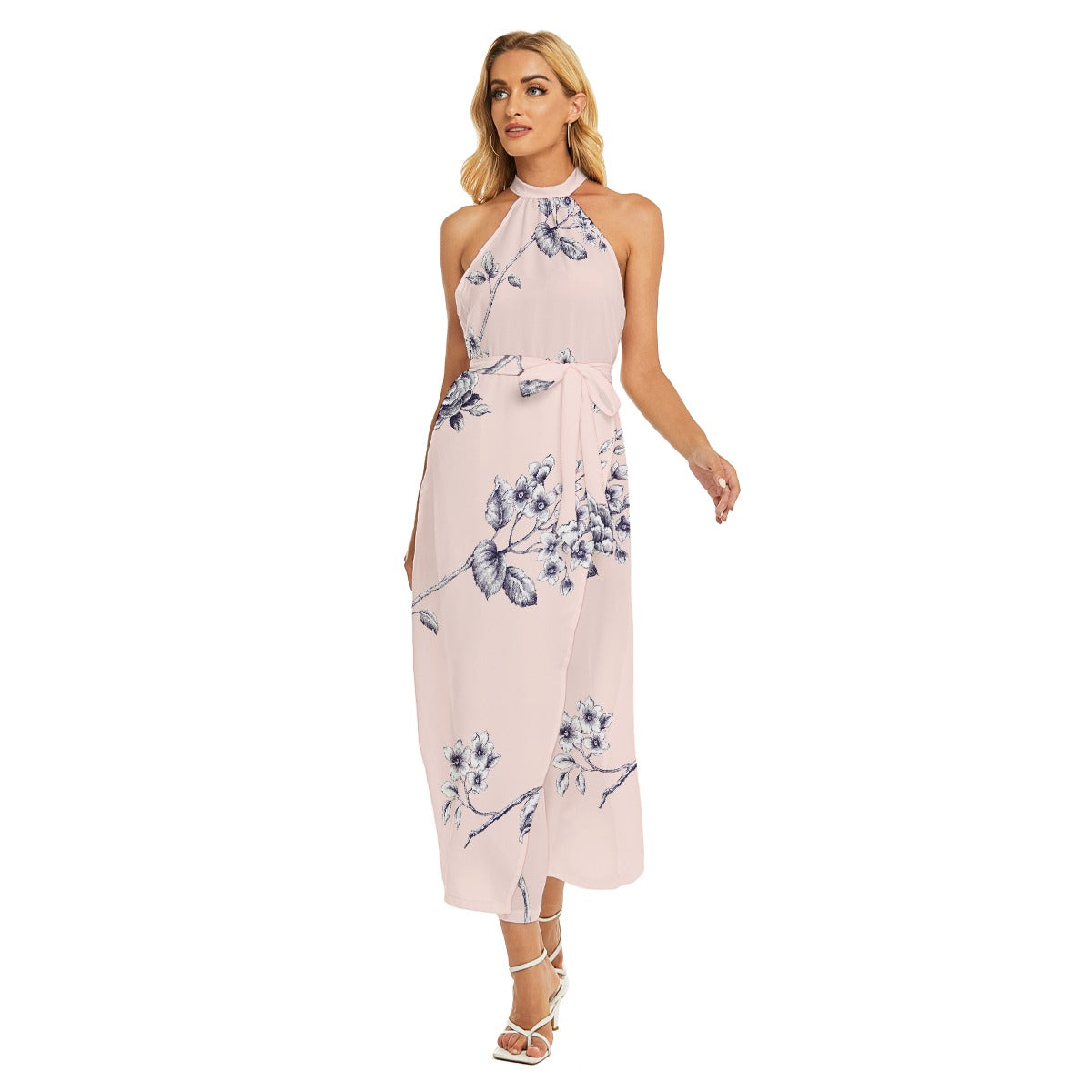 All-Over Print Women's Wrap Hem Belted Halter Dress