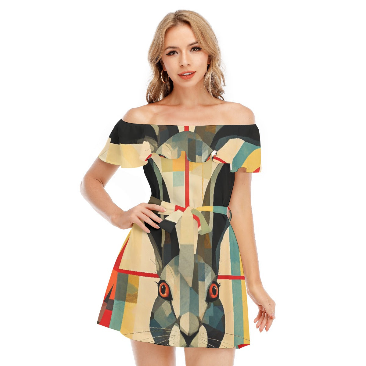 All-Over Print Women's Off-shoulder Dress With Ruffle