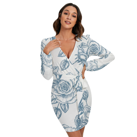 All-Over Print Women's Long Sleeve Dress With Waist Belt