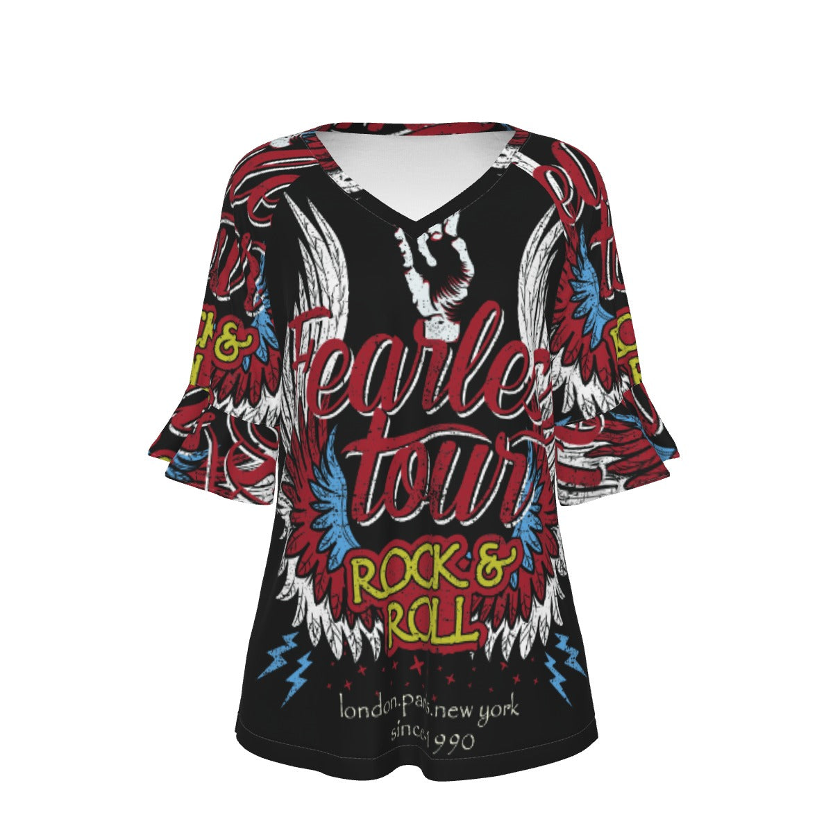 All-Over Print V-neck Women's T-shirt With Bell Sleeve