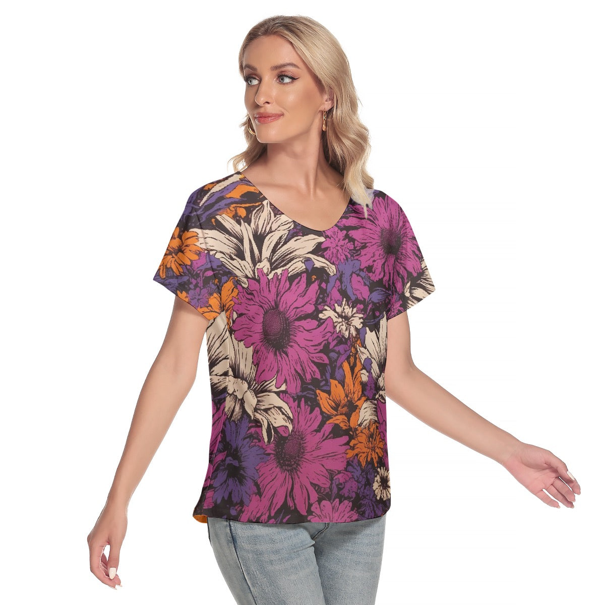 All-Over Print Women's Loose V-neck Short Sleeve T-shirt