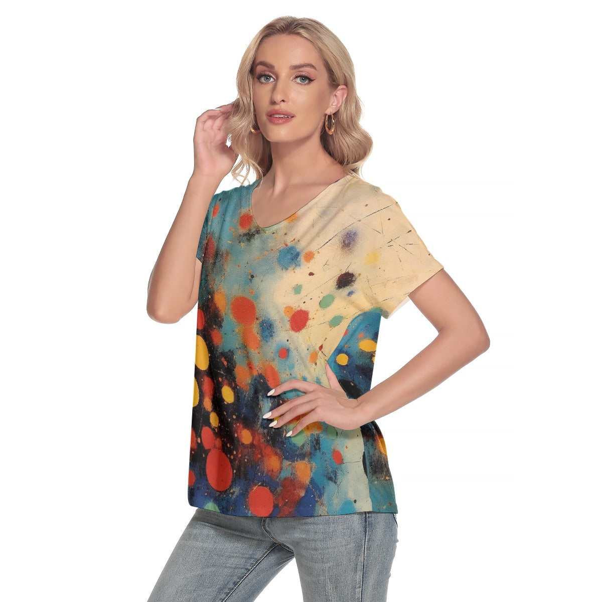 All-Over Print Women's Loose V-neck Short Sleeve T-shirt