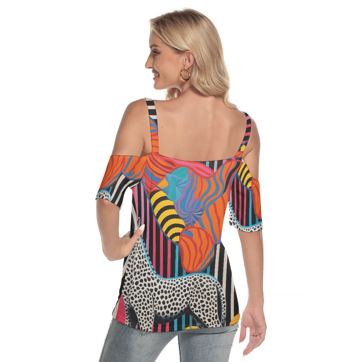 All-Over Print Women's Cold Shoulder T-shirt With Criss Cross Strips